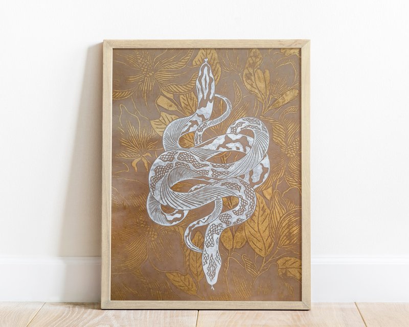 Botanical linocut print White and gold floral snake Reptile original artwork - 海報/掛畫/掛布 - 紙 金色
