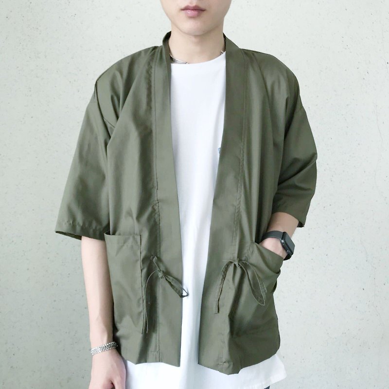 Army Green Short Sleeves Kimono  - Men's Coats & Jackets - Cotton & Hemp Green