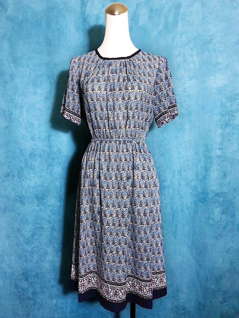 Blue totem chiffon short-sleeved vintage dress / bring back VINTAGE - One Piece Dresses - Polyester Blue