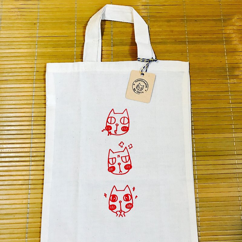 *Miss L*Cat bags serigraphy - กระเป๋าถือ - ผ้าฝ้าย/ผ้าลินิน ขาว