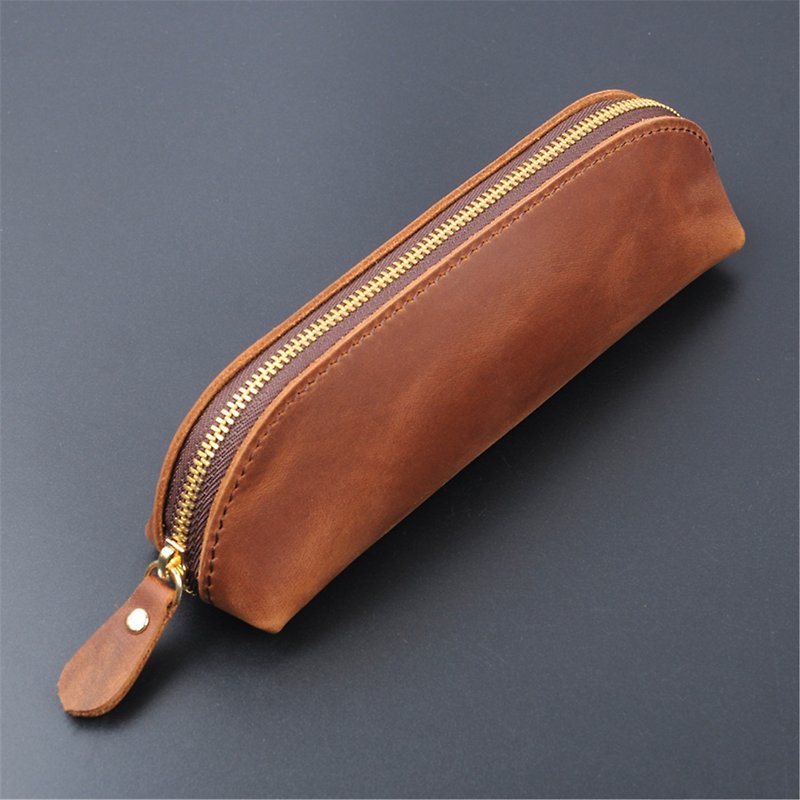 Cowhide pen pencil stationery storage bag zipper pen bag gift free custom - Pencil Cases - Genuine Leather 