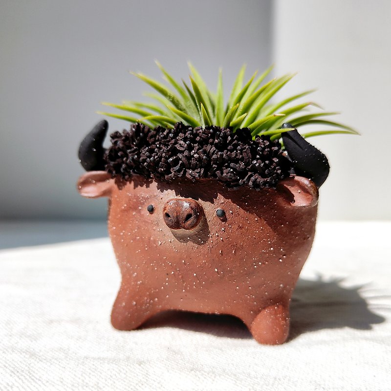 Little cow planter. Handmade pot with drainage hole. - 花瓶・植木鉢 - 陶器 