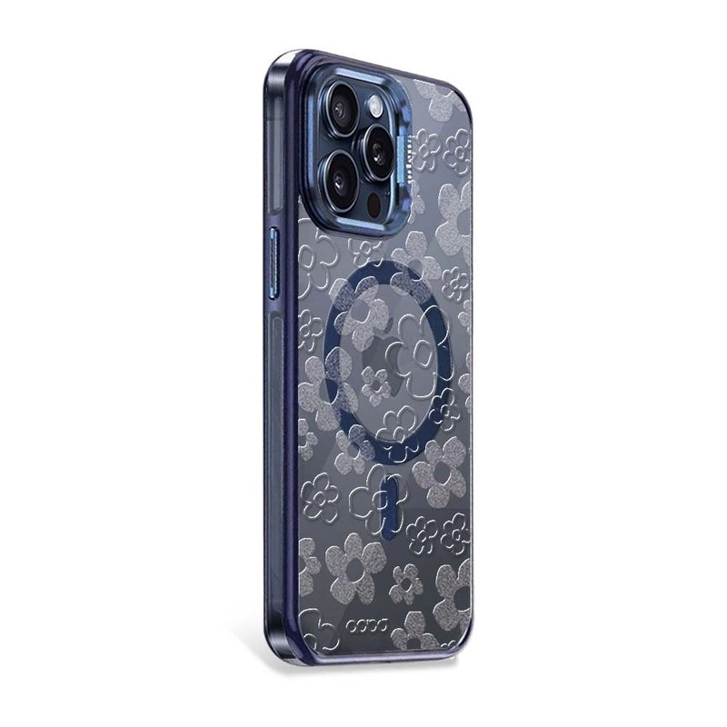 iPhone15/14 Pro 浮雕感防震雙料抗黃磁吸金屬框立架殼-Flower - 手機殼/手機套 - 其他材質 多色