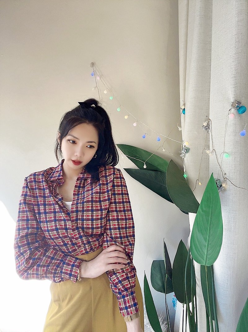Pure red x dark blue plaid youth log antique spinning shirt shirt oversize vintage - Women's Shirts - Polyester Multicolor