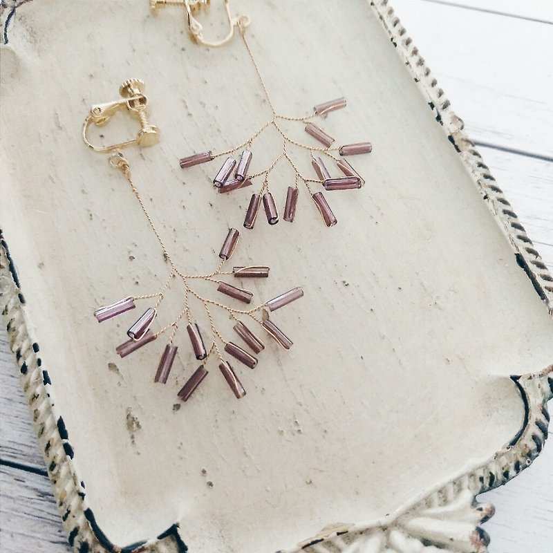 Earrings Coral Branch - Yangcai Purple can be changed into clip-on style - Earrings & Clip-ons - Other Materials Pink