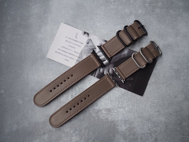純手工牛皮暖灰色蘋果Applewatch錶帶 顏色款式可客製化 可刻字 - 錶帶 - 真皮 卡其色