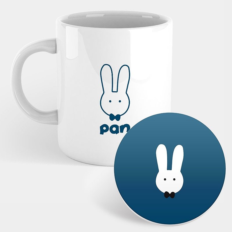 客製化文字 領結兔兔 馬克杯 杯墊 PU026 - 咖啡杯 - 瓷 藍色
