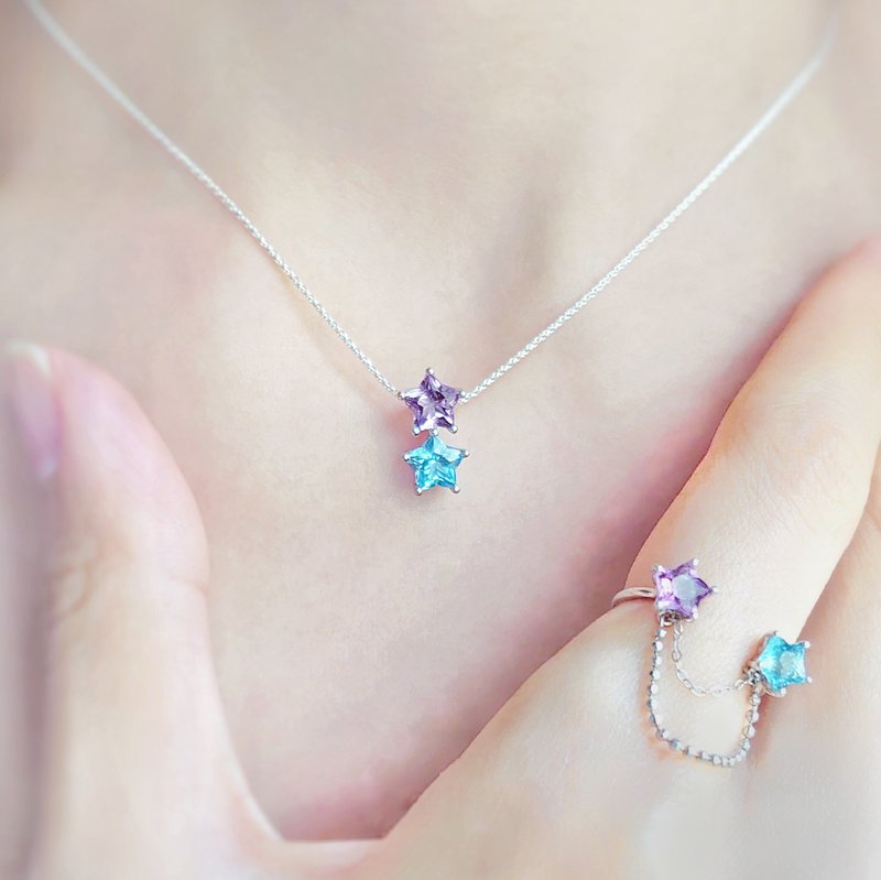 Twin Stars Swiss Blue Topaz Amethyst18KW Gold Plated 925 Silver Pendant - สร้อยคอ - เครื่องประดับพลอย สีม่วง