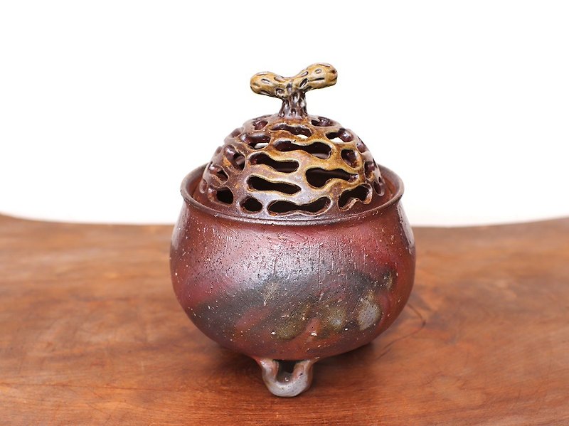 Bizen ware incense burner (with paulownia box) i-098 - Fragrances - Pottery Brown