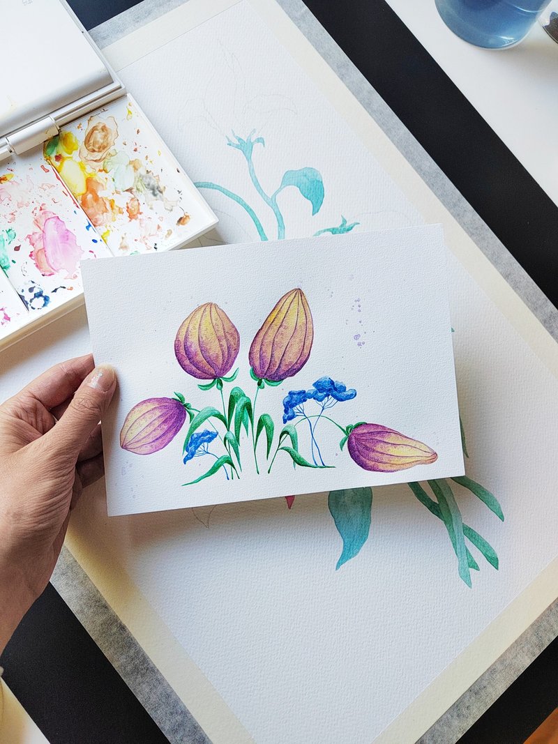 Purple Flowers Small Watercolor floral painting - Original Artwork, Wall Art - ตกแต่งผนัง - กระดาษ หลากหลายสี