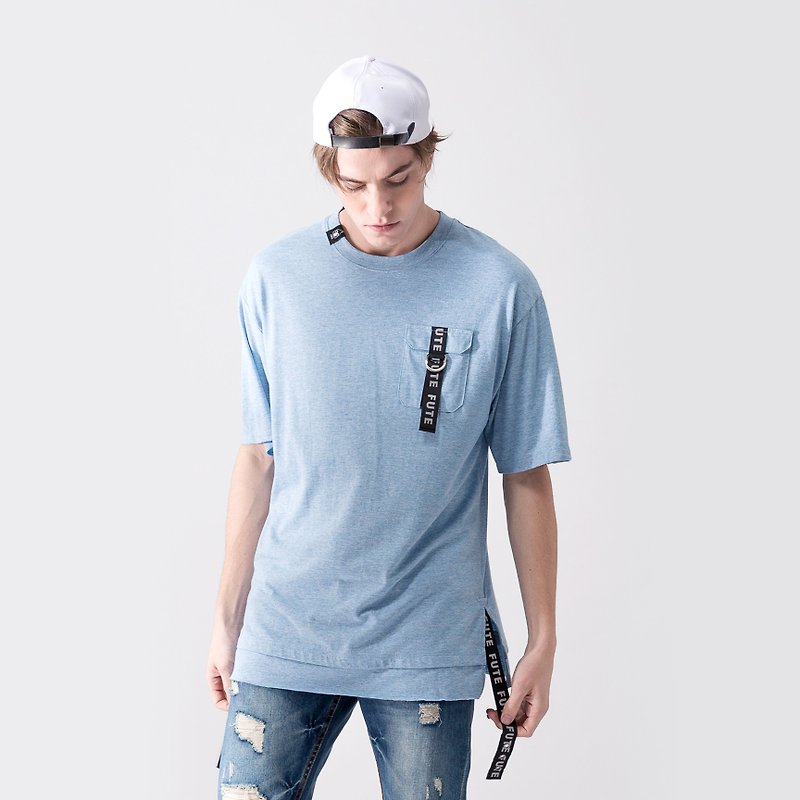 【中性款】 寬鬆落肩  口袋設計 短袖t-shirt / 牛仔藍 - 男 T 恤 - 棉．麻 藍色