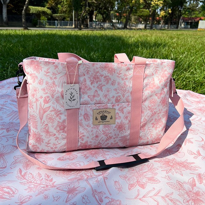 Water-repellent travel storage bag, swimming bag, pink retro print, handmade in Taiwan - กระเป๋าเดินทาง/ผ้าคลุม - วัสดุกันนำ้ สึชมพู