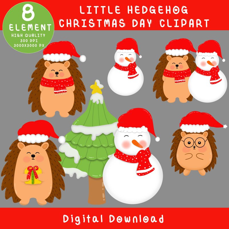 Christmas Hedgehog Cartoon Clip Art Digital Download - 電子似顏繪/繪畫/插畫 - 其他材質 