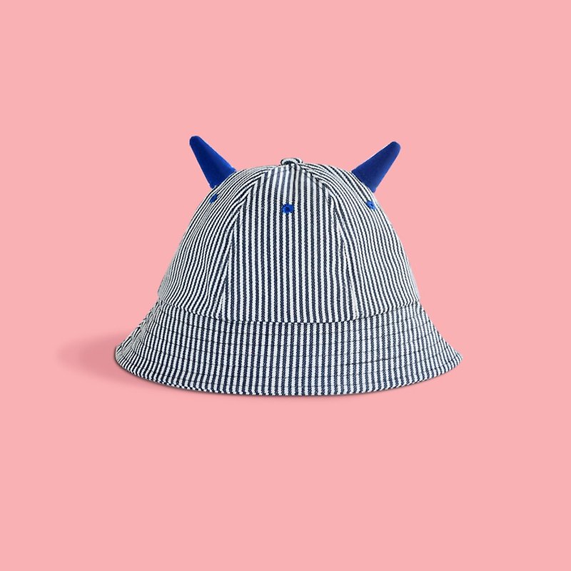 喽 I am a little monster cute funny striped horn cap fresh fisherman hat visor gift - หมวก - ผ้าฝ้าย/ผ้าลินิน สีน้ำเงิน