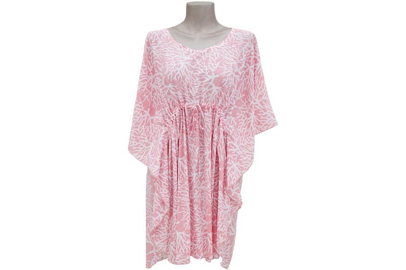 New! Coral print butterfly sleeve dress <Pink> - ชุดเดรส - วัสดุอื่นๆ สึชมพู