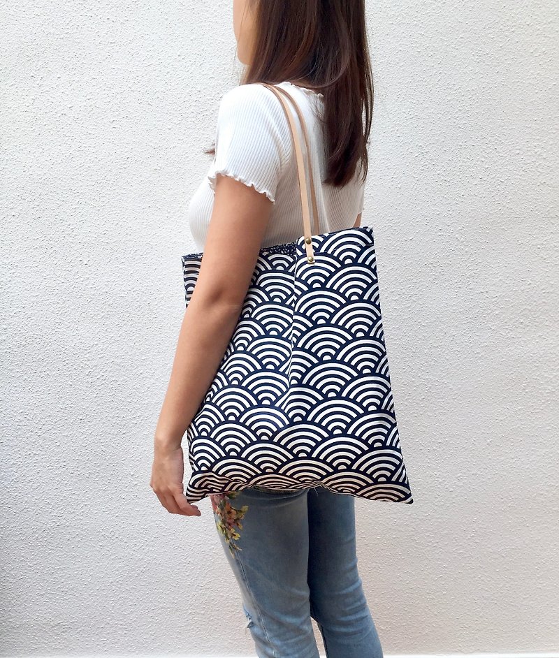 Large floral print tote bag with leather straps. Limited. - Messenger Bags & Sling Bags - Cotton & Hemp Blue