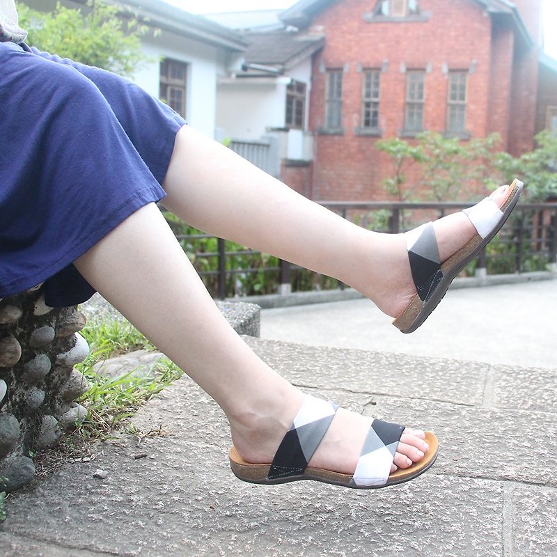 【Double Band   Preppy】Double Band Lycra Sandals/ Leather insole - Sandals - Genuine Leather Gray
