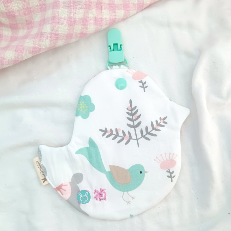 Happy bluebird. Bird-shaped double-sided cotton handkerchief/with clipped handkerchief (name can be embroidered) - ผ้ากันเปื้อน - ผ้าฝ้าย/ผ้าลินิน สีเขียว