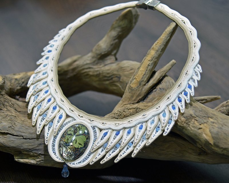 Angel wings soutache jewelry / Birch bark boho necklace / Epoxy handmade necklac - Necklaces - Wood White