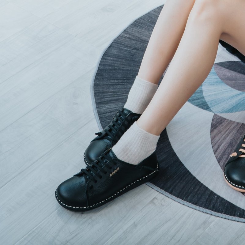 [Wide-foot friendly] MIT comfortable steamed bun shoes. Genuine Leather. All black 2918 - รองเท้าลำลองผู้หญิง - หนังแท้ สีดำ