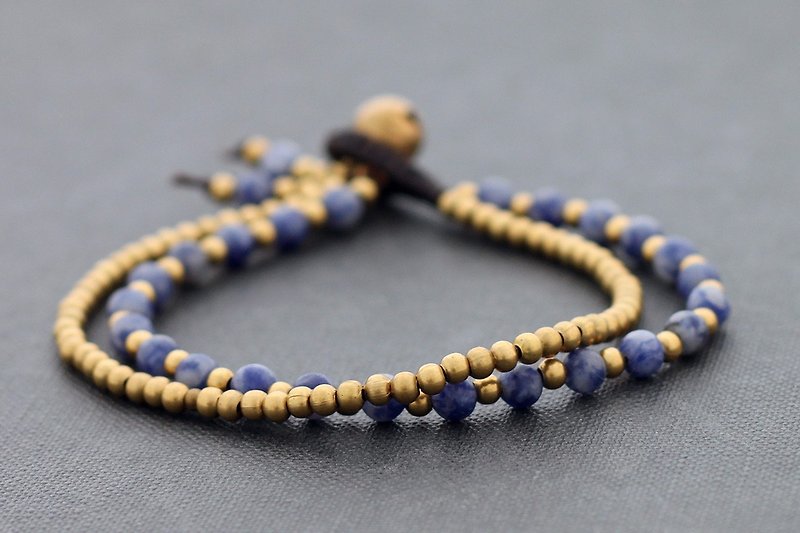 Stone Bracelets Sodalite Beaded Woven Strand Brass Boho - สร้อยข้อมือ - กระดาษ สีน้ำเงิน