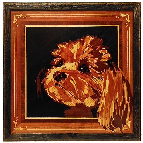 Woodins Shih Tzu Dog portrait inlay framed mosaic wood panel ready to hang home wall