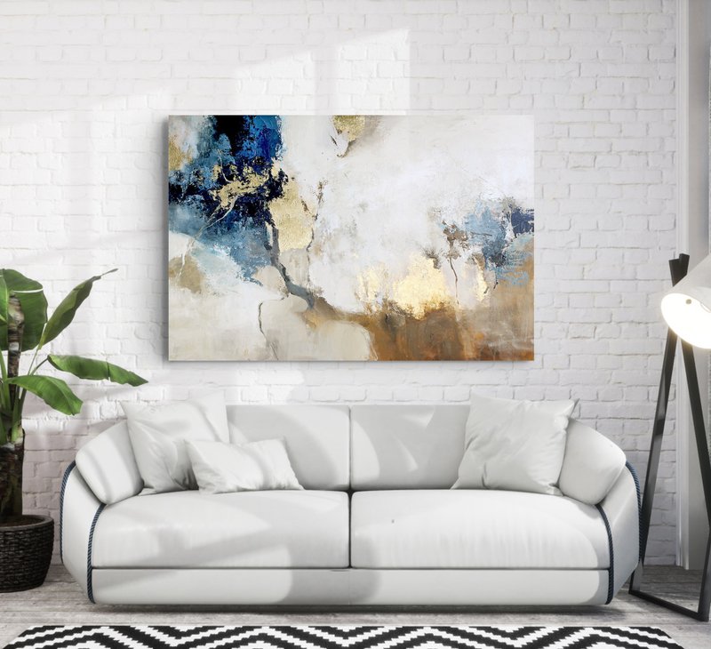 Blue Gold Painting |  Blue Gold Abstract | Blue Abstract Wall Art | Avalanche-4 - ตกแต่งผนัง - ผ้าฝ้าย/ผ้าลินิน 