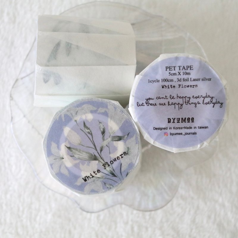 White Flowers PET TAPE (5cm X 10m) - Washi Tape - Polyester Transparent