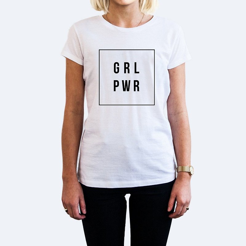 GRLPWR Girl Power Short Sleeve T-Shirt-White Women's Power Sports for Women's Rights - เสื้อยืดผู้หญิง - ผ้าฝ้าย/ผ้าลินิน ขาว