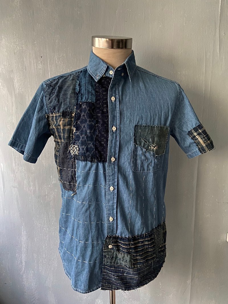 Hand sewing Boro summer shirt (Made in Hong Kong) SIZE L - Men's Shirts - Cotton & Hemp 