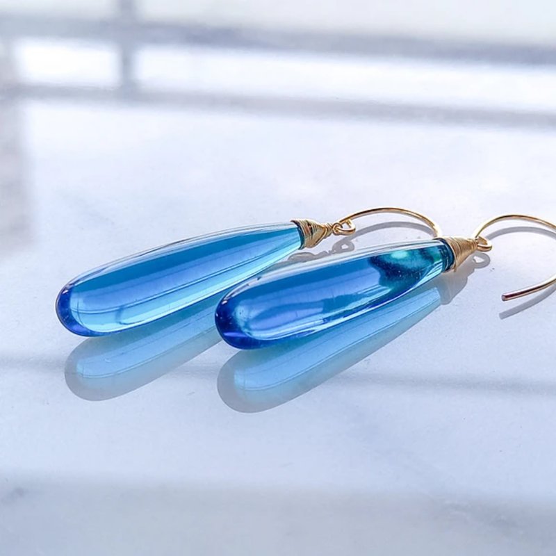 14kgf Quartz drop pierced earring / earring Ocean BLU - 耳環/耳夾/耳骨夾 - 寶石 藍色