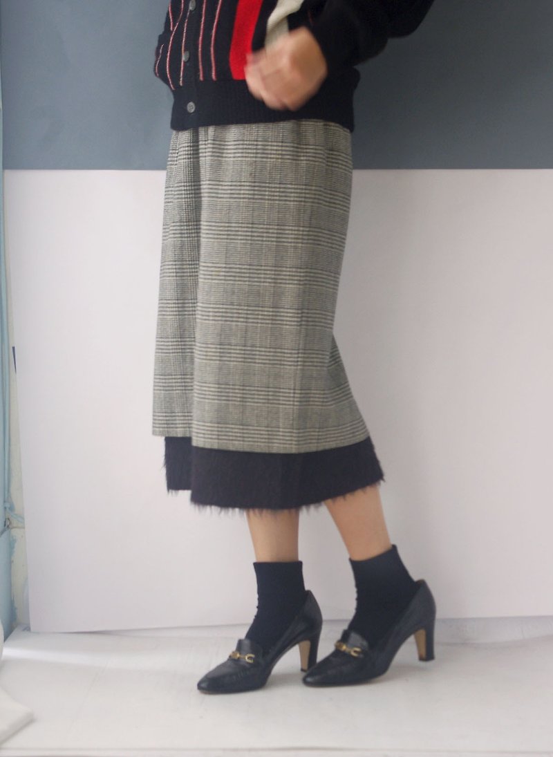 4.5studio- [R;] style- European style black and white houndstooth dress stitching fur X - Skirts - Wool Black