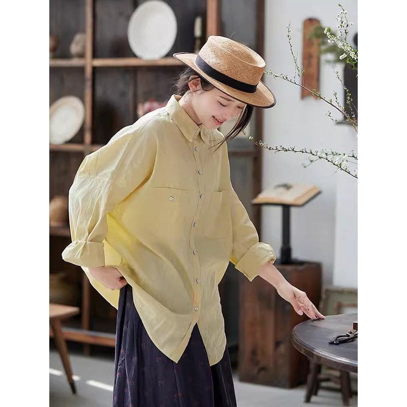 Yellow and white linen linen Linen three-dimensional placket painter large shirt - เสื้อเชิ้ตผู้หญิง - ผ้าฝ้าย/ผ้าลินิน 