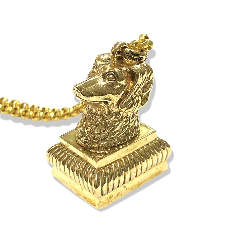 Vintage Pinchbeck Dog Wax Seal / Brass Handle Stamp Letter Fob Pendant + Chain - 印章/印台 - 銅/黃銅 金色