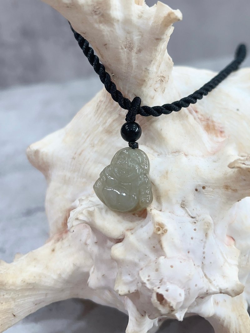 Natural Maitreya Buddha Jade Stone Pendant A Oil Green Burmese Jade Black Agate Comes with Braided Black Rope - สร้อยคอ - หยก 