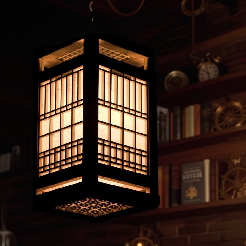 Traditional kumiko hanging (ceiling) lantern made of wood and shoji paper - 燈具/燈飾 - 木頭 