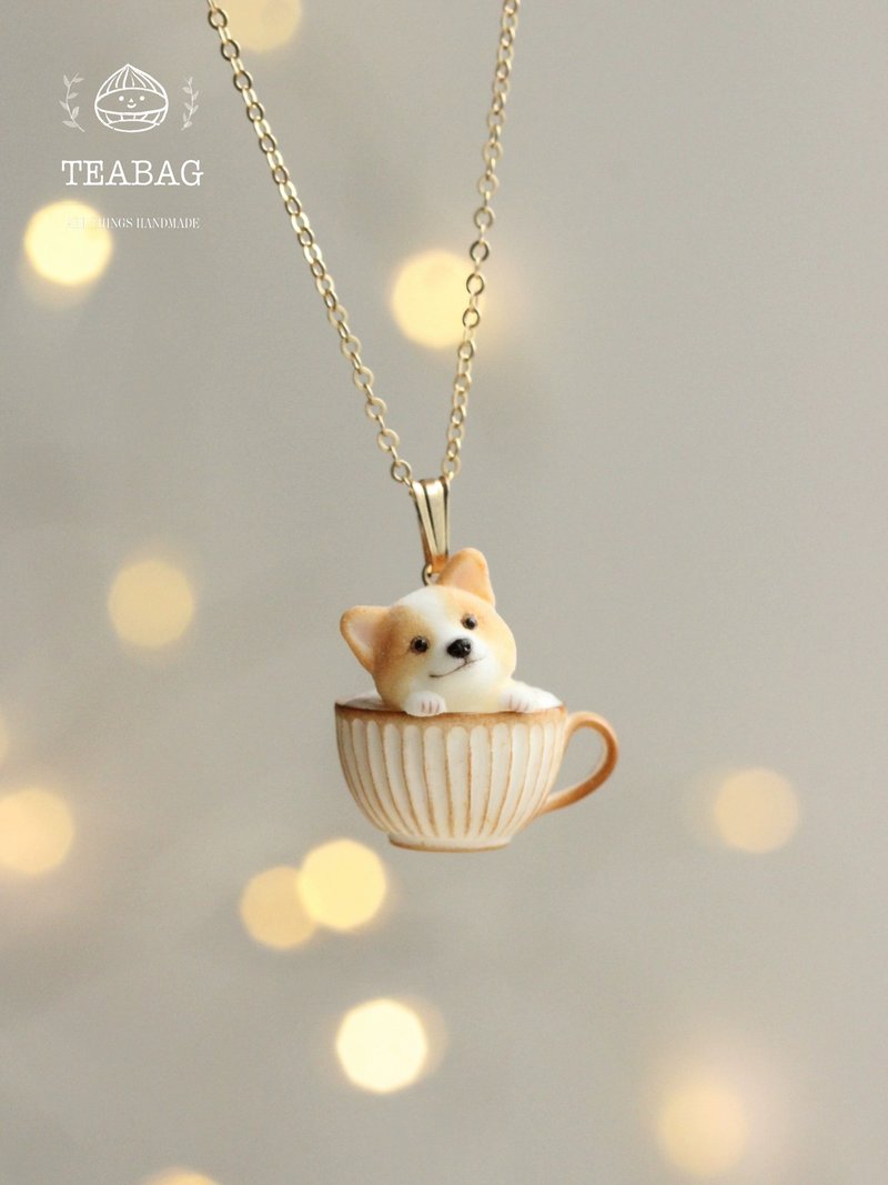 puppy cafe cute dog corgi cafe necklace pendant jewelry - สร้อยคอ - เรซิน สีทอง