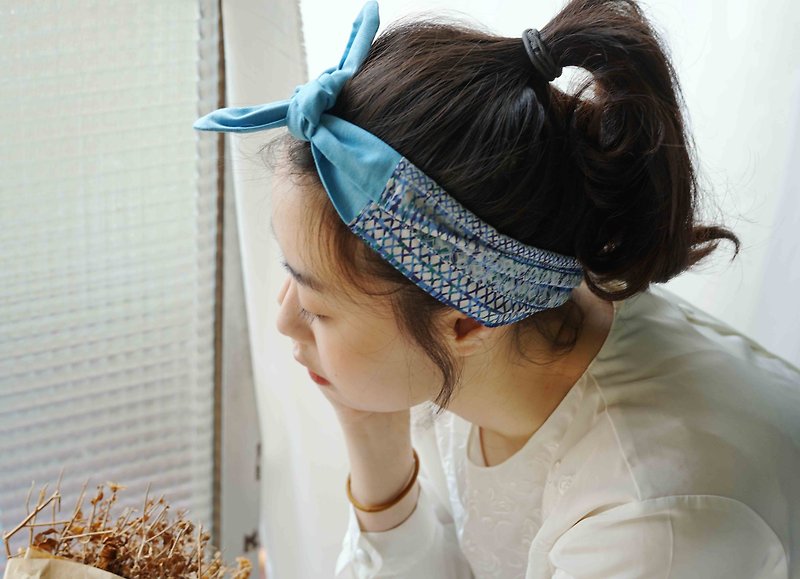 Japanese-style cloth dual-use double-headed cross knotted hair band - sky blue - Headbands - Cotton & Hemp Blue