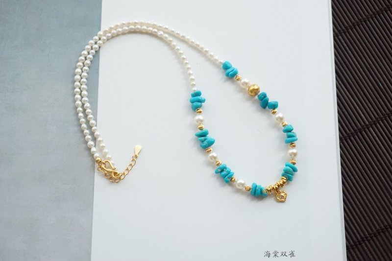 天然隨型綠松石項鏈搭配珍珠項鏈 盤纏銀珠  小眾溫柔女生禮物 - 項鍊 - 玉石 