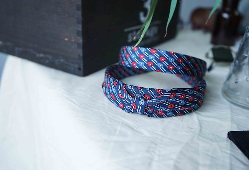 Papas Bow Tie 古董領帶改製手工真絲髮箍-YSL-藍色小紅花-蝴蝶結版/窄版