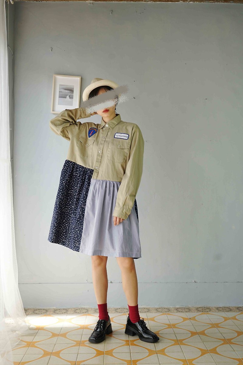 Restyle Transformation Vintage-Dickies Vintage Workwear Khaki Cotton Patch Long Shirt Dress - ชุดเดรส - ผ้าฝ้าย/ผ้าลินิน สีกากี