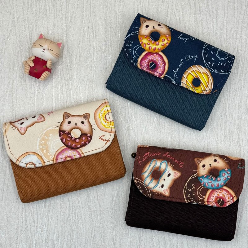 Donut Cat Handmade Three-Layer Coin Purse - Coin Purses - Cotton & Hemp Brown