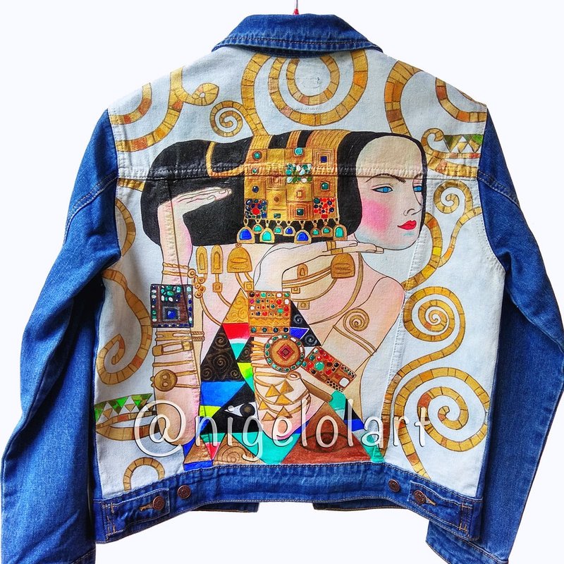 Gustav Klimt Painted Denim Jacket Custom personalized order gift for her - 女大衣/外套 - 棉．麻 