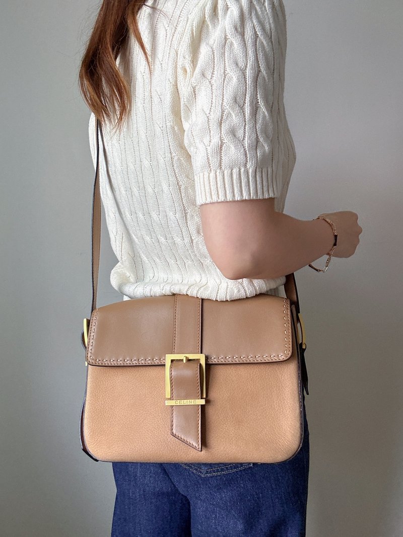 Second-hand luxury Celine Celine cowhide suede tofu bag small square bag crossbody bag - กระเป๋าแมสเซนเจอร์ - หนังแท้ สีกากี