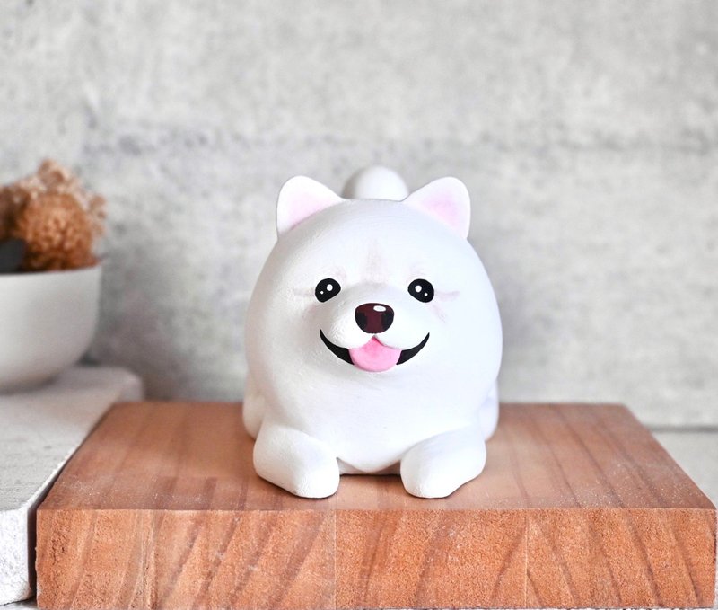 萌萌白熊薩摩耶擺飾 名片架 手機架 手工木製療癒小木雕公仔 - 擺飾/家飾品 - 木頭 白色