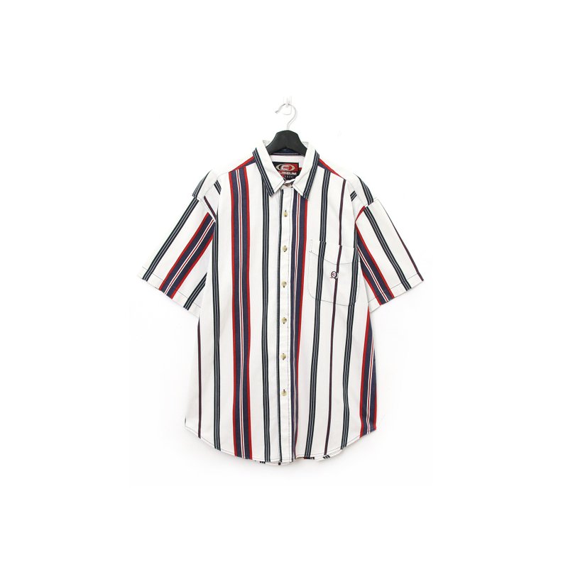 Back to Green- 短袖條紋襯衫 白底藍紅 vintage shirt - 男襯衫/休閒襯衫 - 棉．麻 