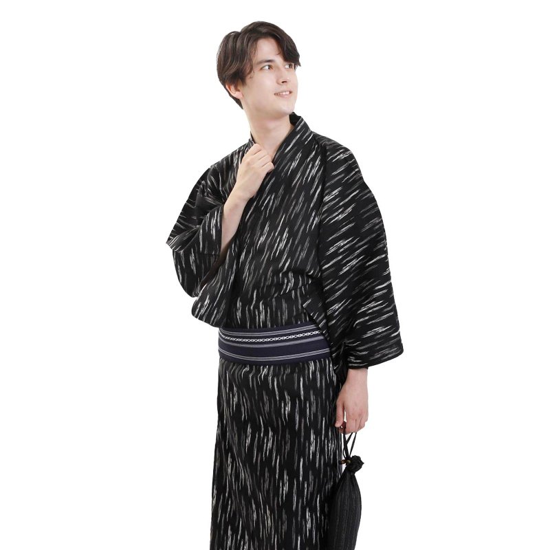 Men's cotton yukata and obi 2-piece set, sizes M, L, LL, 3L z33-01 yukata - อื่นๆ - ผ้าฝ้าย/ผ้าลินิน สีดำ