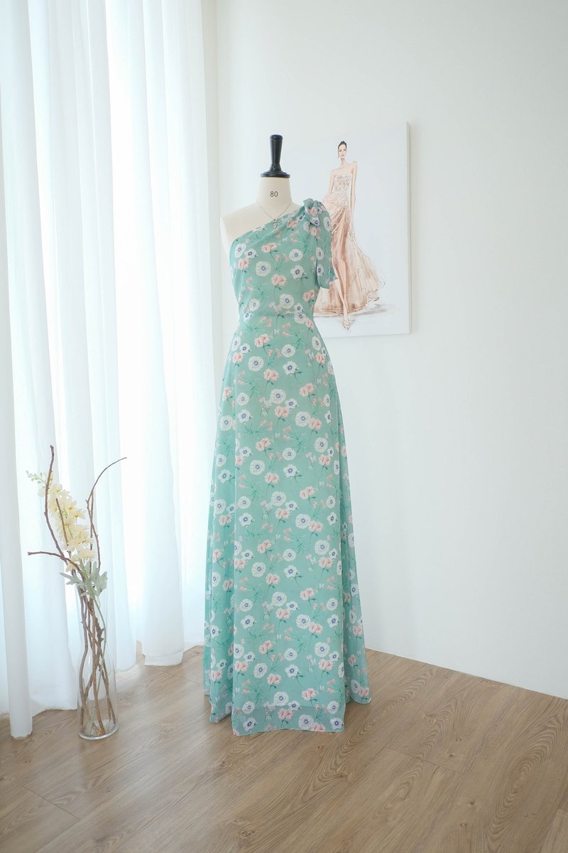 Green floral bridesmaid dress One shoulder maxi party wedding summer dress - Evening Dresses & Gowns - Polyester Green