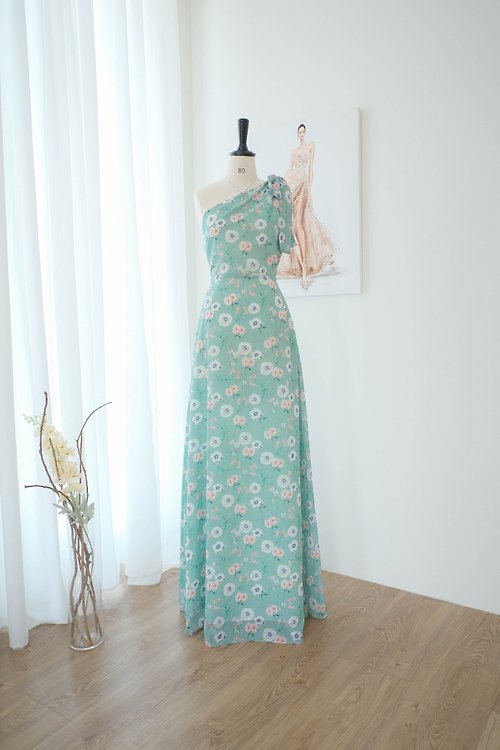KEERATIKA Green floral bridesmaid dress One shoulder maxi party wedding summer dress