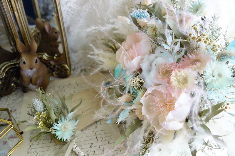 Wedding floral decoration series ~ dreamy pink blue bouquets, corsage group - Dried Flowers & Bouquets - Plants & Flowers Pink